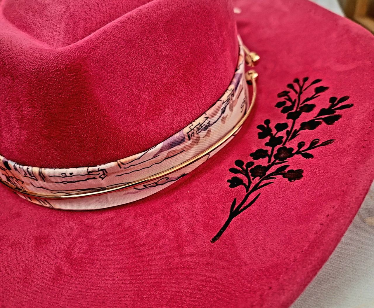 Hot pink suede hat with hand-burned botanical artwork and silk scarf band