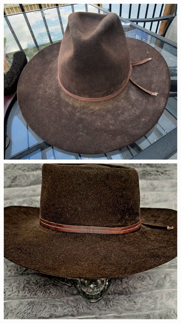 Before and after restoration of a brown western hat